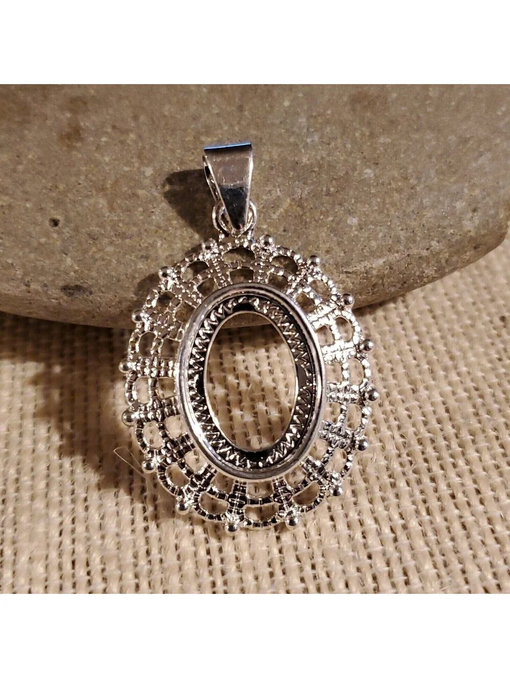 Sterling Silver Plate Art Nouveau Filigree 18x13mm Oval Cabochon Pendant Setting